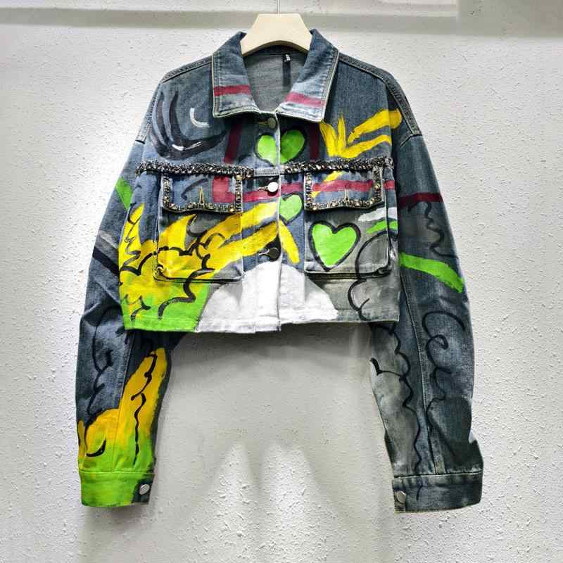 レディース ジーンズ上衣 短か目 ゆったり グラフィティ 刷り上げる スタッド ビーズ かざり付ける 年月 表どおり 流行り物 綿織物 混 軽さ 普段使い