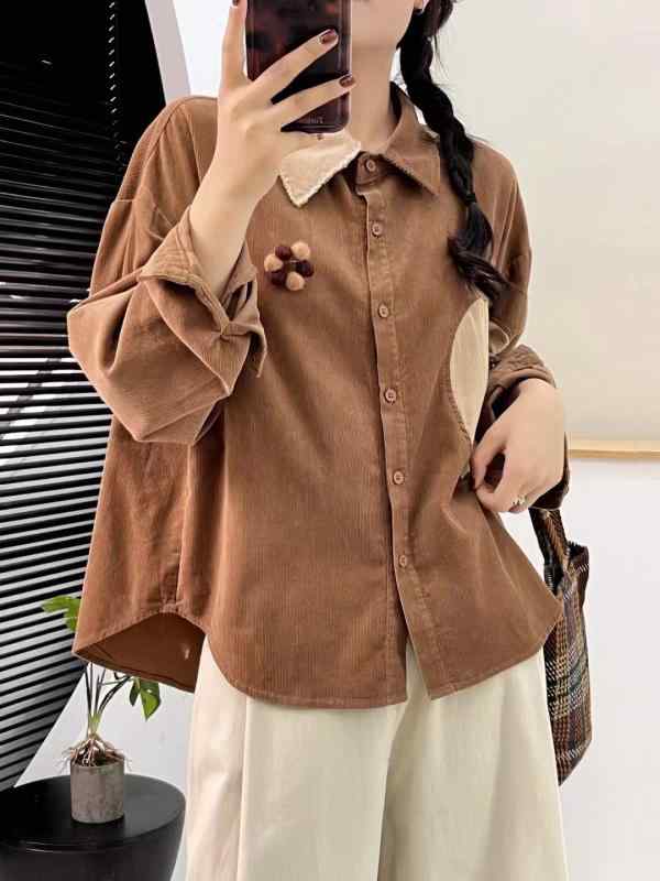 秋 女性用 コーデュロイ シャツ トップス ラペル ハート 切り替え コントラストカラー ナチュラル 森系 かわいい スイート フレッシュ カジュアル 普段使い
