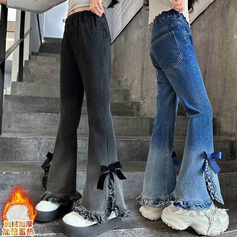 デニムパンツ 女児用 秋冬 厚手 フリース一体 フレア リボン付き ワイドレッグ 暖か ジーンズ ズボン 子供服 カジュアル 保温 伸縮性