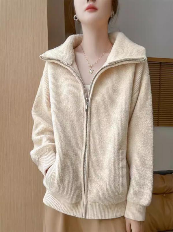 秋冬 レディース ニット カーディガン ラペルカラー 羊毛 ダブルジッパー ゆったり 暖か アウター ファッション コーディネート 厚手 編み込み スタイリッシュ ルーズフィット