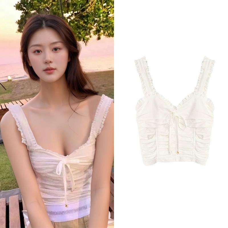 レディース キャミソール インナー トップス 白 レース ギャザー プリーツ ショート丈 タンクトップ 夏用 かわいい セクシー 軽量 綿素材 伸縮性 普段使い｜LAONsChoice
