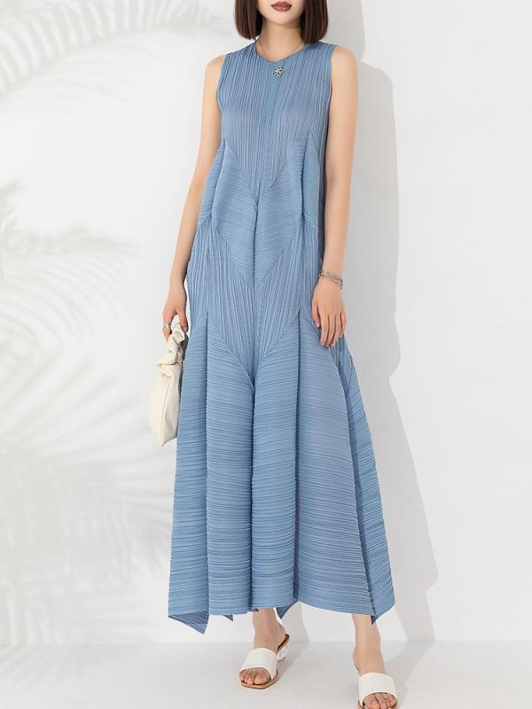 夏 レディース ワンピース ノースリーブ ゆったり ビッグシルエット 大きめサイズ ロング丈 プリーツ 花柄 フレア 軽量 吸湿速乾 日常使い ファッション