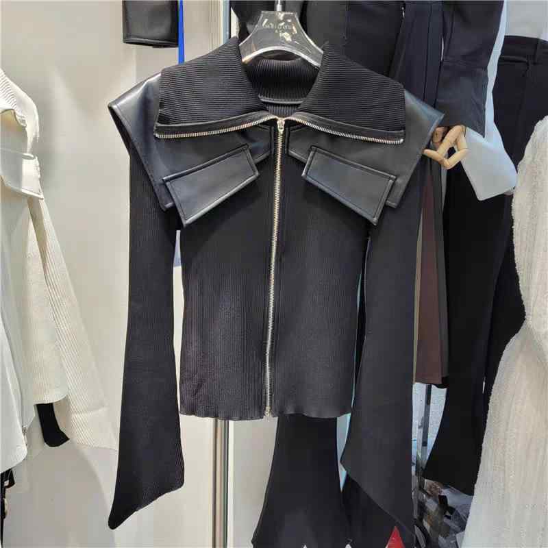 ニット レディース 秋 アウター 革 切り替え ビッグ ラペル ショート丈 高級感 エレガント 上品 ファッション スタイル トレンド