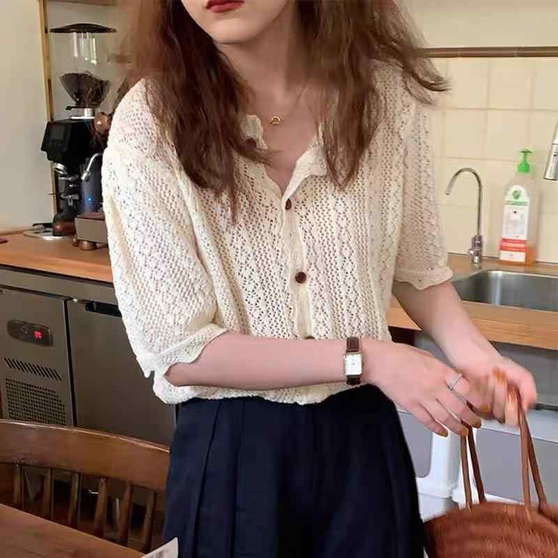 白 短袖 ニット カーディガン レディース ゆったり 薄手 夏用 透け感 レース デザイン カジュアル 日常使い 軽量 通気性 スタイリッシュ トップス