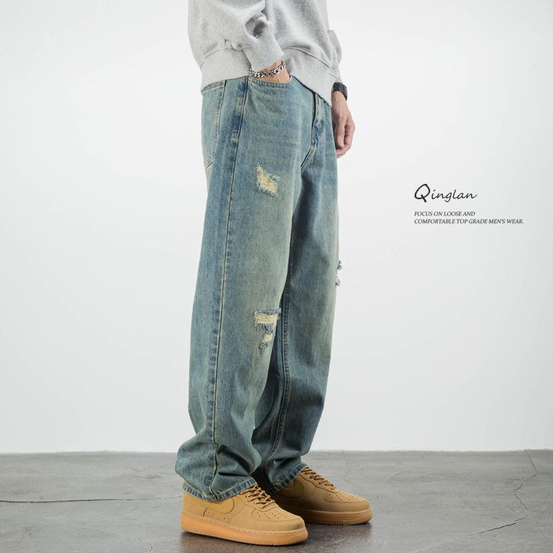 メンズ デニムパンツ 破れ加工 アメリカン レトロ ウォッシュ ゆったり ストレート ワイドレッグ ロング丈 ストリートスタイル ビッグサイズ カジュアル ジーンズ ルーズフィット