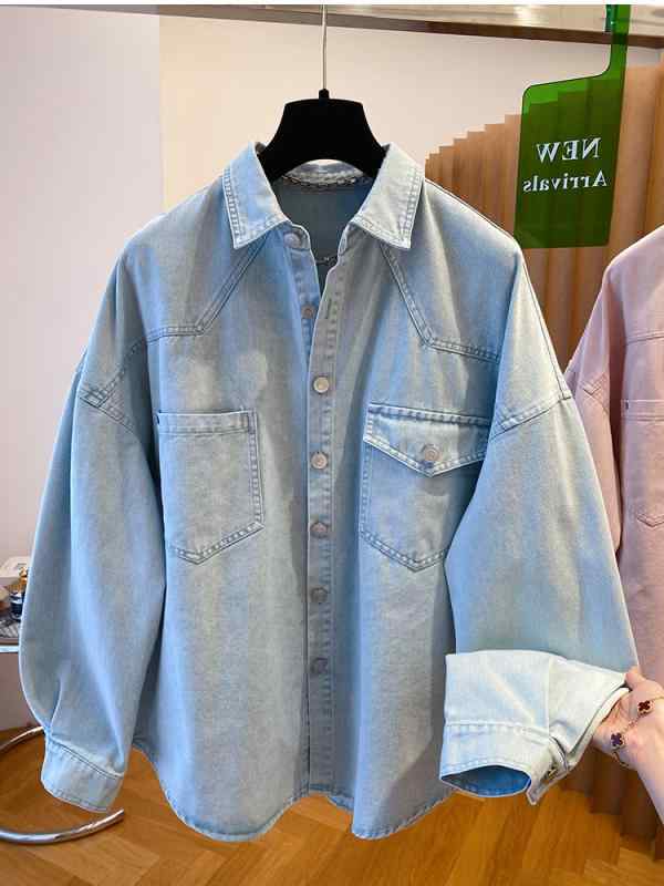 レディース シャツ デニム レトロ加工 ライトブルー ゆったり 薄手 春 カジュアル トップス 高級感 軽量 伸縮性