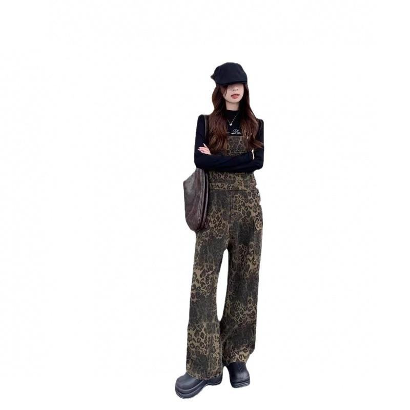 デニムサロペットパンツ レディース レトロ ヒョウ柄 ゆったり 高級感 カジュアル ストレート ロングパンツ 秋冬 普段使い コーディネートしやすい デニム素材 ルーズフィット