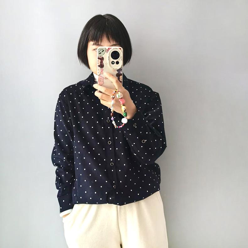 レディース シャツ ドット柄 コーデュロイ スタンドカラー 長袖 トップス 日系 カジュアル ゆったり シルエット 秋冬 普段使い 軽量 綿素材