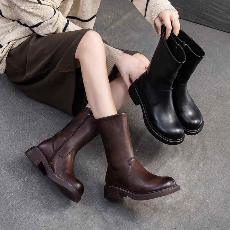 冬 レディース 中筒 ブーツ レトロ スタイリッシュ 牛革 スリム 細トゥ 個性的 ファッション 女性用 シューズ カジュアル 普段使い｜LAONsChoice