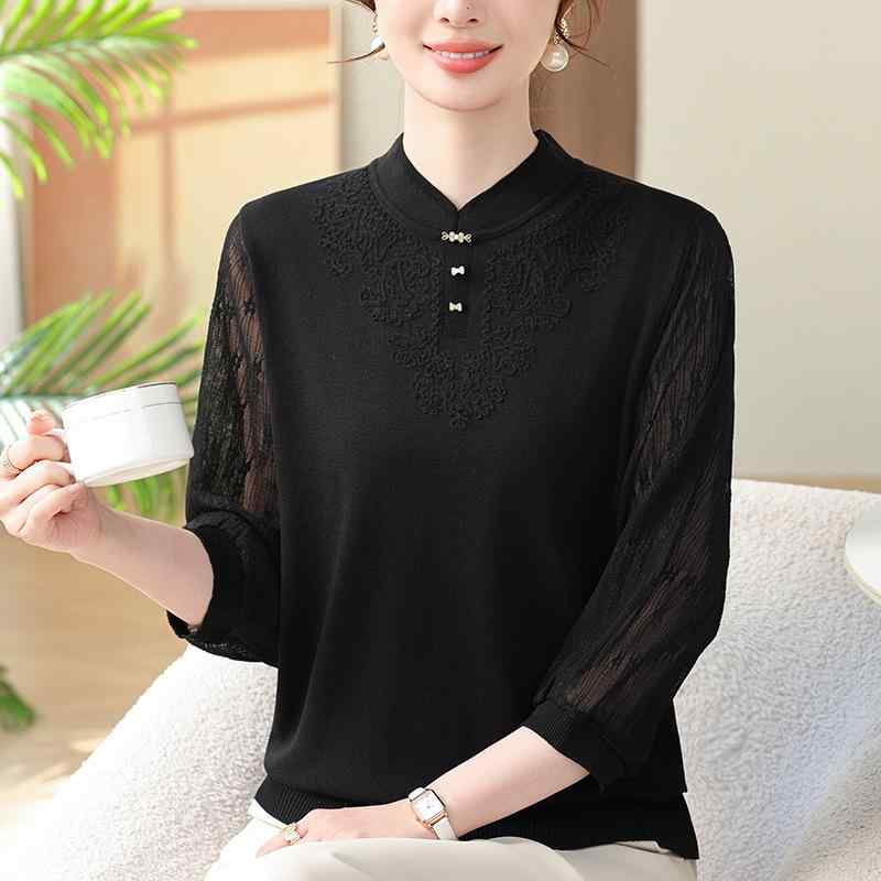 レディース ニット Tシャツ 薄手 レース袖 中高年女性用 インナー トップス ファッション ベースレイヤー 軽量 伸縮性 綿混 ゆったりシルエット 普段使い