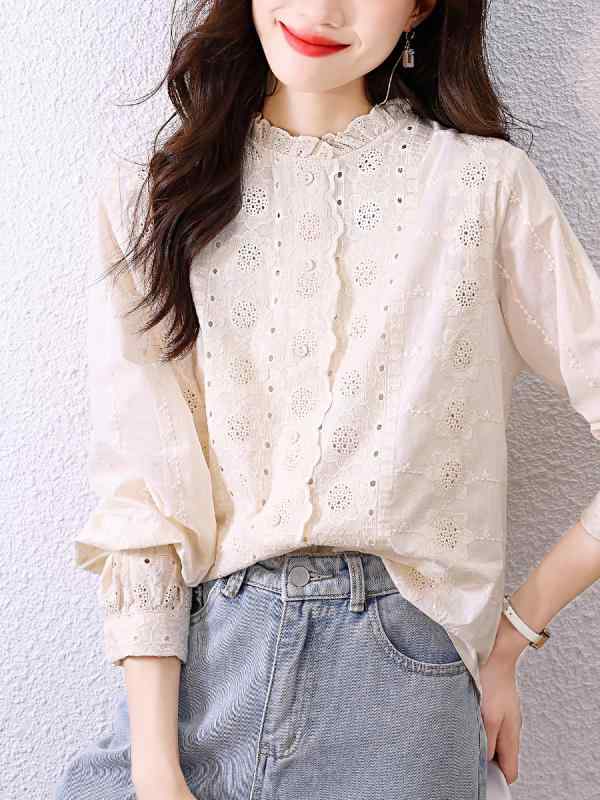 レディース ブラウス 春夏 長袖 レース フリルカラー ピーチカラー 刺繍 花柄 綿 コットン トップス オフィス 普段使い フェミニン