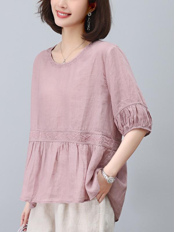 レディース ラミー 半袖 Tシャツ スリムシルエット 夏用 トップス 吸湿速乾 軽量 麻素材 大人女性 普段使い かわいい デザイン