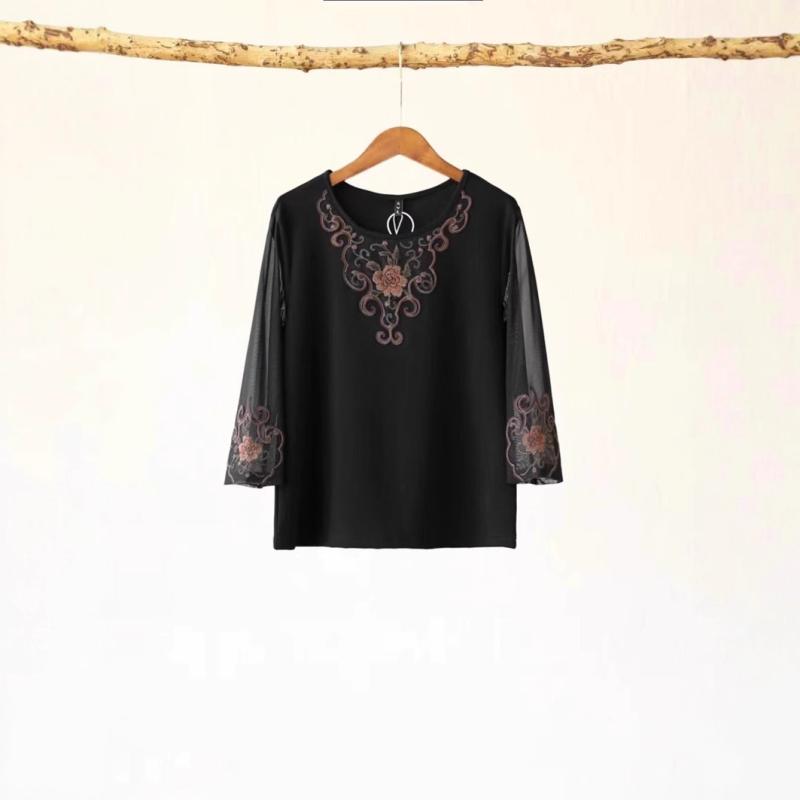 Tシャツ レディース 夏 中袖 刺繍 フローラル 丸首 レトロ エスニック インナー トップス 普段使い 軽量 伸縮性 吸湿速乾 接触冷感