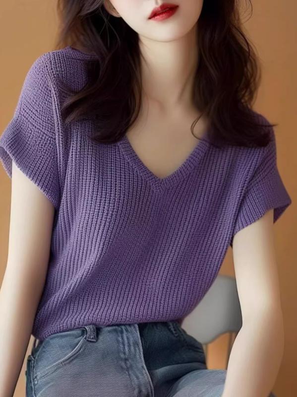 トップス レディース 春夏 紫 ニット 半袖 接触冷感 Vネック 薄手 シンプル カジュアル 普段使い 吸湿速乾 軽量 再生繊維