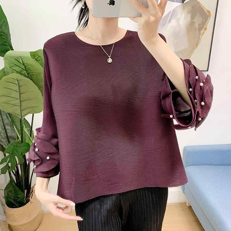 レディース 春夏 プリーツ フレアスリーブ ビーズ付き ラウンドネック ゆったり 大きめ 七分袖 Tシャツ トップス ブラウス カジュアル 普段使い 軽量 伸縮性