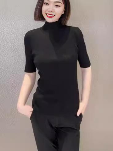レディース 接触冷感 ストレッチ 半袖 ハーフハイネック ニットトップス スリムシルエット 無地 普段使い 吸湿速乾 軽量 春夏