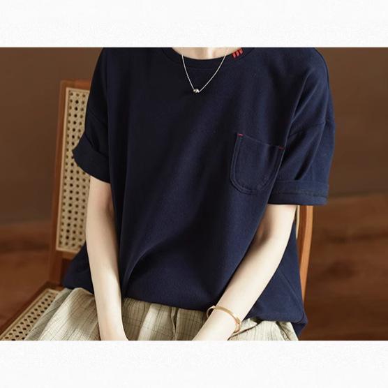 レディース Tシャツ 夏用 綿素材 丸首 ゆったり シンプル 短袖 小ポケット デザイン レジャー トップス カジュアル 日常使い 軽量 吸湿速乾