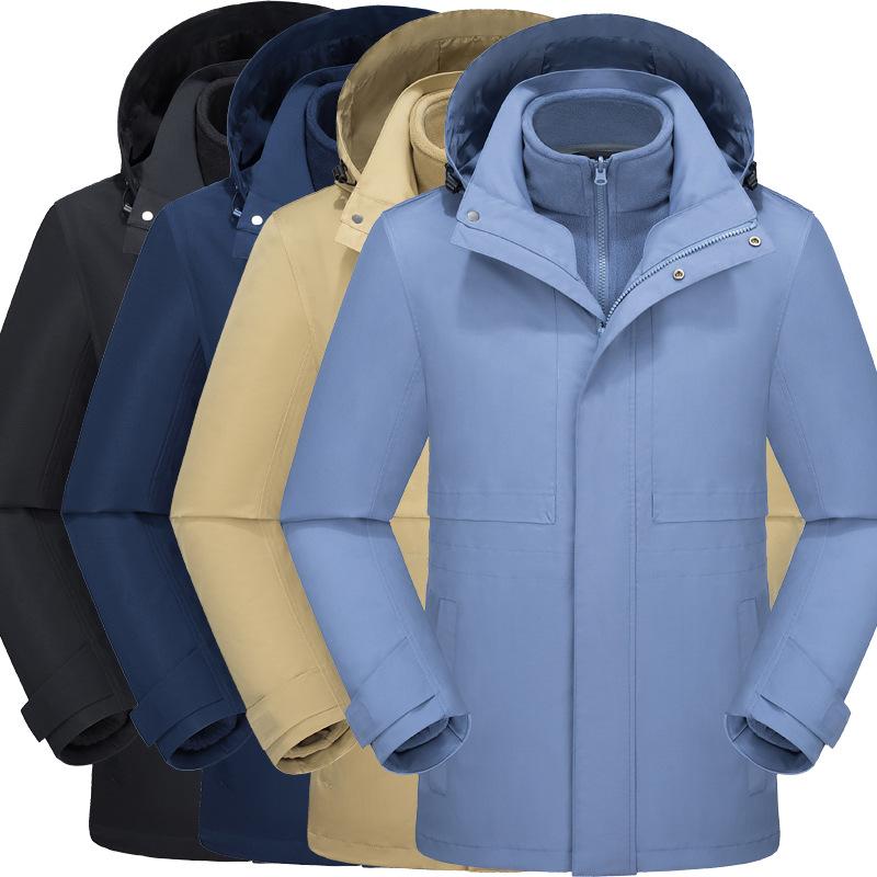 登山ジャケット 男女用 中長丈 2ピースセット 3-in-1 シームシール防水 保温 アウトドア 作業服 秋冬 通勤 ハイキング 軽量 伸縮性 吸湿速乾 ナイロン ポリエステル ブラック グレー ブルー