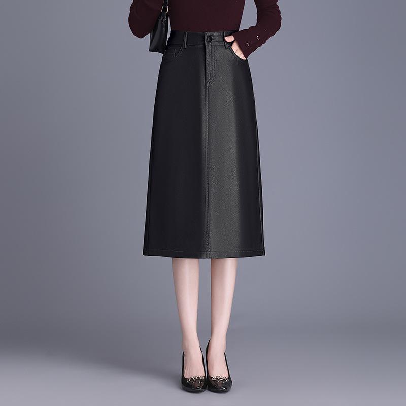 レディース スカート 革 ストレート ミドル丈 ヒップハグ 後ろスリット 秋冬 モード フィット タイト シンプル スタイリッシュ 通勤 普段使い