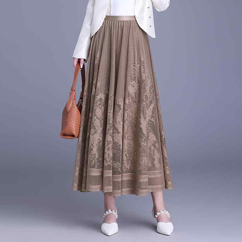レディース 春夏 レース リバーシブル Aライン フレア スカート ハイウエスト プリーツ ミドル丈 カジュアル 普段使い 軽やか 伸縮性