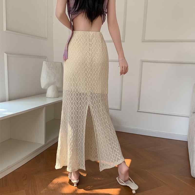 ロングスカート 女性用 ハイウエスト レース スリット 包み尻 フィッシュテール Aライン 韓国 細見え 質感生地 伸縮性