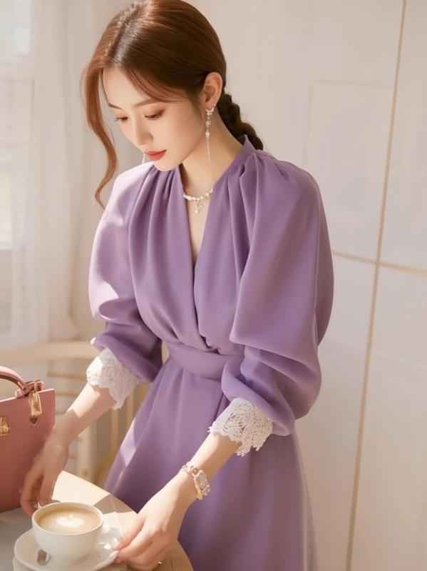 ワンピース レディース 紫 レース 縁 フレンチ レトロ 海辺 リゾート ドレス 女性用 ファッション かわいい 形状 軽量 夏 春夏 ビーチ バカンス スタイル 復古 独特 デザイン