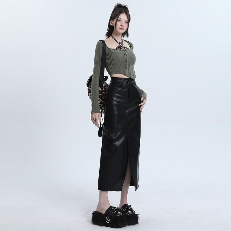 レディース スカート ハイウエスト レザー ストレート タイト スリット デザイン レトロ 秋冬 ファッション ミディ丈 スリムフィット スタイリッシュ 普段使い