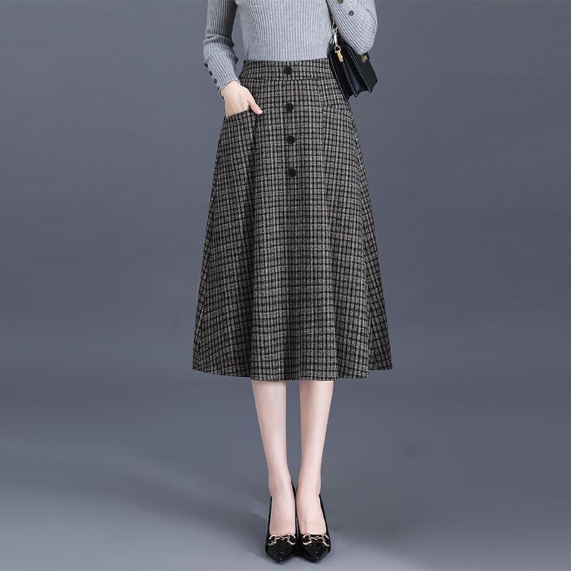 スカート レディース ウール チェック柄 秋冬 Aライン ミドルレングス フレア スリム ファッション カジュアル コーディネート 簡単 スタイル