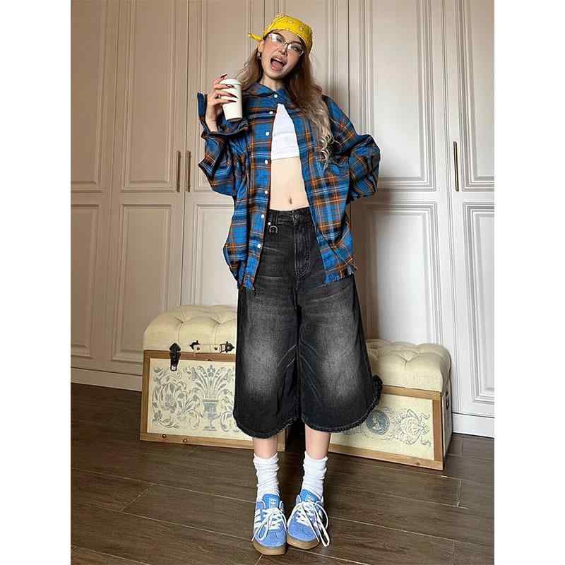レディース デニムパンツ 夏用 ブラック レトロ アメリカンスタイル ストレート ルーズ ワークウェア ビッグサイズ 7分丈 ゆったり コットン 普段使い 軽量 通勤 カジュアル