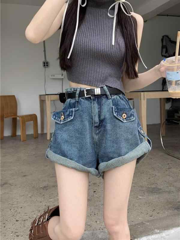 女性用 レトロ ロールアップ ハイウエスト デニムショーツ 夏 ゆったりワイドレッグ Aライン ストレート 小柄対応 カジュアル デニム素材 軽量 伸縮性