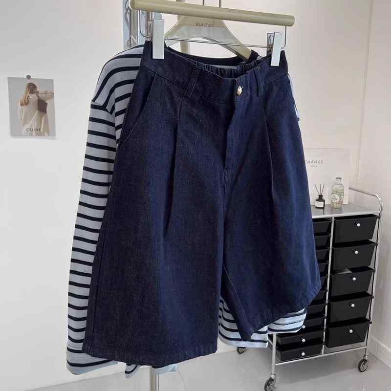 レディース デニム ショートパンツ ハイウエスト ワイドレッグ ダークブルー 夏用 ゆったり 大きめサイズ ミドル丈 スリム見せ カジュアル ストレッチ 膝上 ハーフパンツ