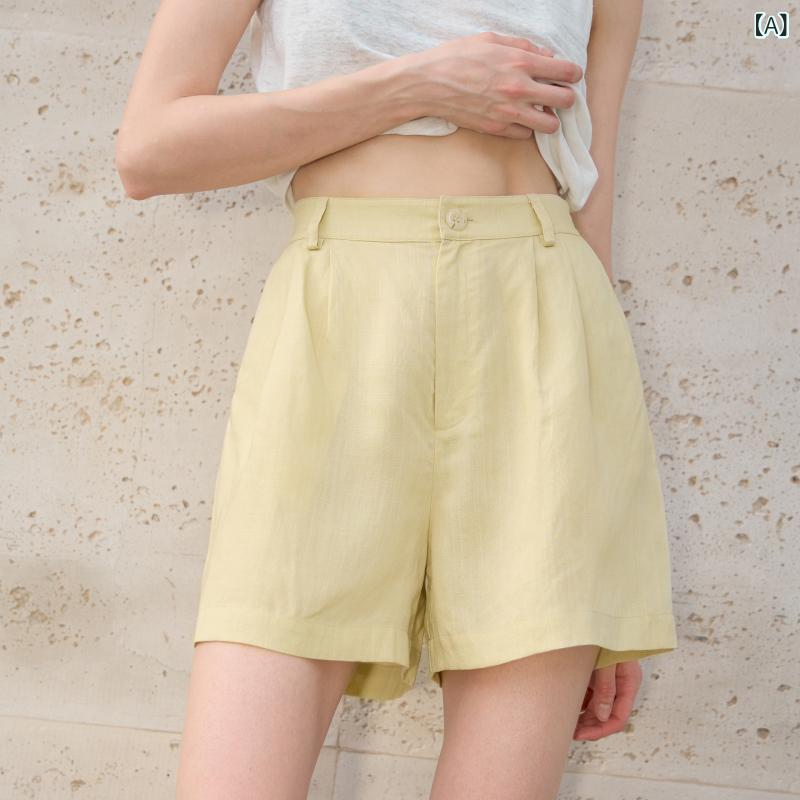 レディース ハイウエスト ショートパンツ リネン コットン 混 ルーズ ストレート 通勤用 普段使い 高級感 軽量 吸湿速乾 接触冷感 再生繊維