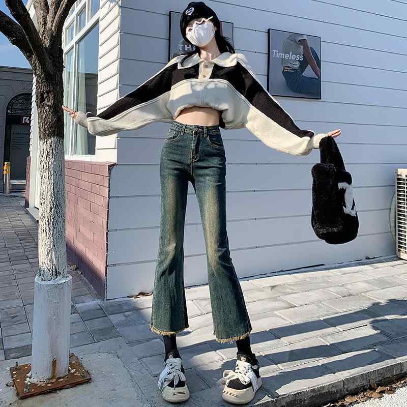 レディース デニムパンツ ハイウエスト 微フレア 9分丈 小柄向け フリンジ加工 スリムシルエット 肉隠し スタイルアップ カジュアル 普段使い ストレッチ デニム素材 軽量 伸縮性