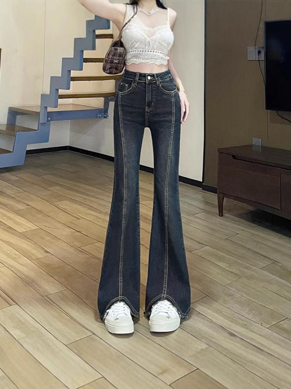 レディース デニムパンツ 夏用 レトロ ハイウエスト 微フレア 伸縮性 痩せ見え ストリート カジュアル ボトムス