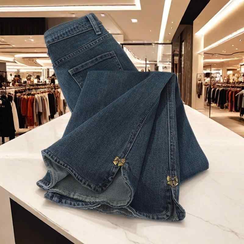 レディース デニムパンツ ハイウエスト 微フレア レトロ ジーンズ 春秋 ストレッチ スリット ビッグサイズ ゆったり フィット カジュアル ボトムス 普段使い デニム素材