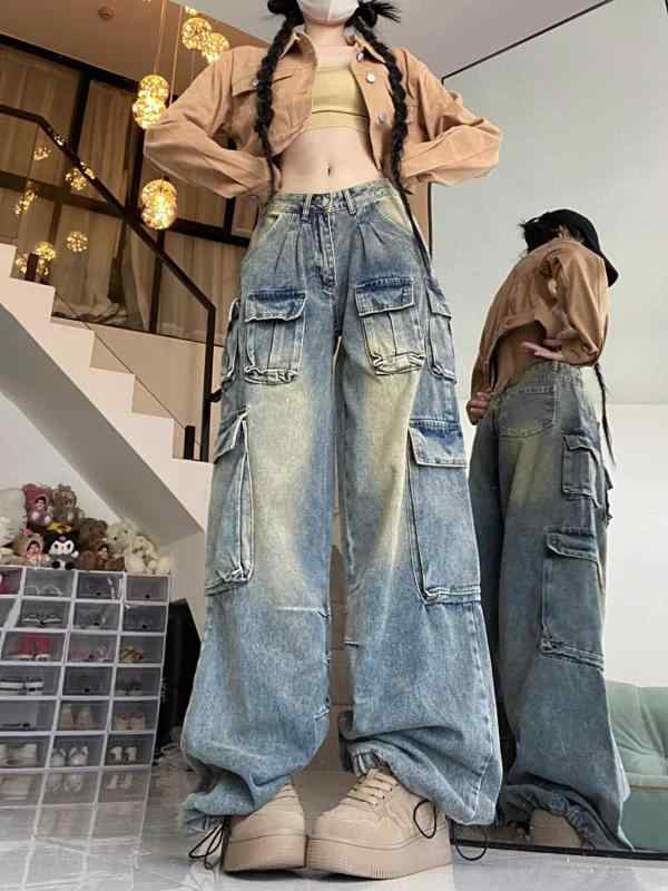 レディース デニムパンツ プラスサイズ レトロ デザイン 多ポケット アメリカンスタイル ワイドレッグ ルーズ ワークパンツ 個性的 カジュアル 普段使い 伸縮性 快適