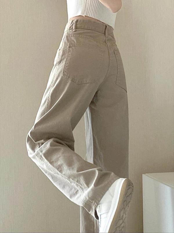 デニムパンツ レディース ハイウエスト ワイドレッグ カーキ ゆったり プラサイズ 春秋 ユニークデザイン カジュアル 普段使い コットン混 ストレッチ コーディネートしやすい