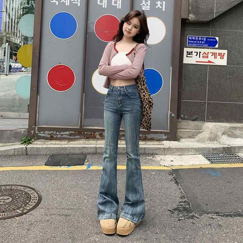 レディース デニムパンツ アメリカン レトロ 微フレア シワ加工 ラッパー スリム ロング丈 ホースシュー カジュアル ストレッチ ヴィンテージ 普段使い