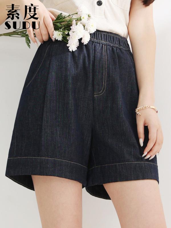 ショートパンツ レディース 夏用 デニム 接触冷感 伸縮腰 薄手 スリム インディゴブルー 麻混 再生繊維 カジュアル 普段使い