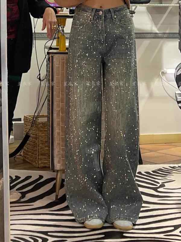 レディース パンツ デニム ロング丈 アメリカン レトロ 切り替え デザイン 星型 ラインストーン キラキラ セクシー スタイル 重厚 素材 女性用 普段使い 伸縮性
