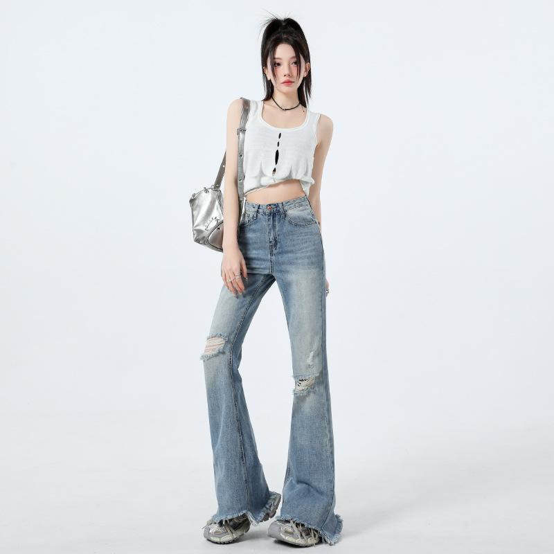 レディース デニムパンツ 穴あき 春夏 ハイウエスト スリム見せ フリンジ フレア ストレート ロング丈 ドレープ 伸縮性 カジュアル ボトムス 普段使い