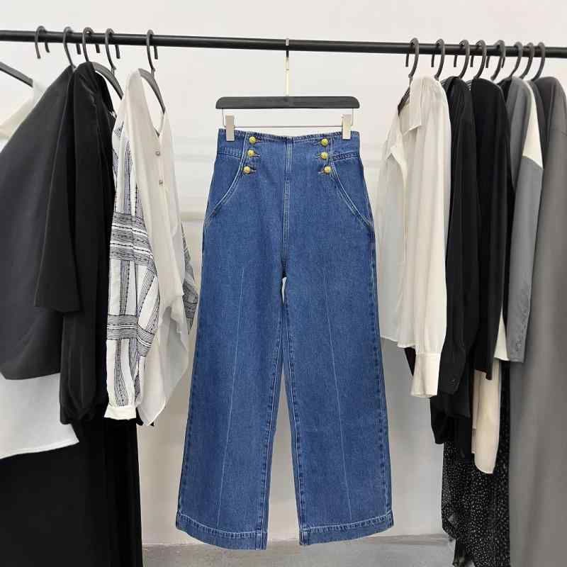 デニムパンツ ハイウエスト ルーズ ストレート ウォッシュ加工 センタークレース 二列ボタン カジュアル 普段使い コットン素材 伸縮性 軽量 ビッグシルエット 通勤対応