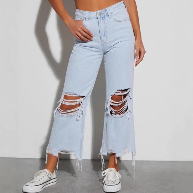 レディース デニムパンツ ワイドレッグ ストレート ルーズ レトロ バナナシルエット 破れ加工 コットン混 ジーンズ 普段使い ストレッチ
