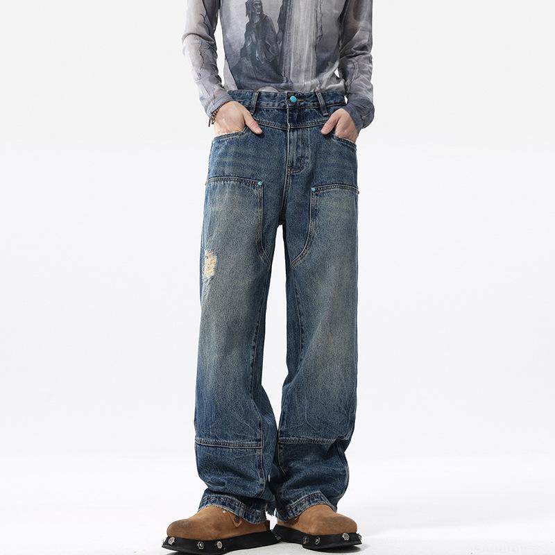 メンズ デニムパンツ 春秋 ストリート スタイル ターコイズ リップド ルーズ ストレート デザイン カジュアル 普段使い コットン 素材 ビッグシルエット
