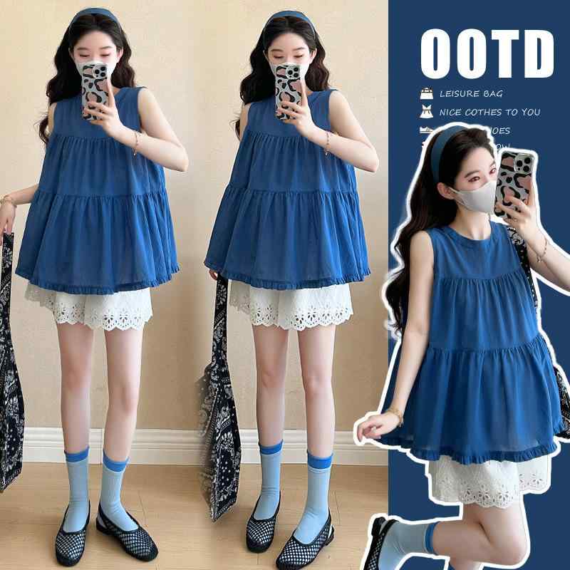 妊婦服 夏用 かわいい ゆったり フリル裾 ドール ブラウス レース ショートパンツ セット 通気性 伸縮性 軽量 カジュアル
