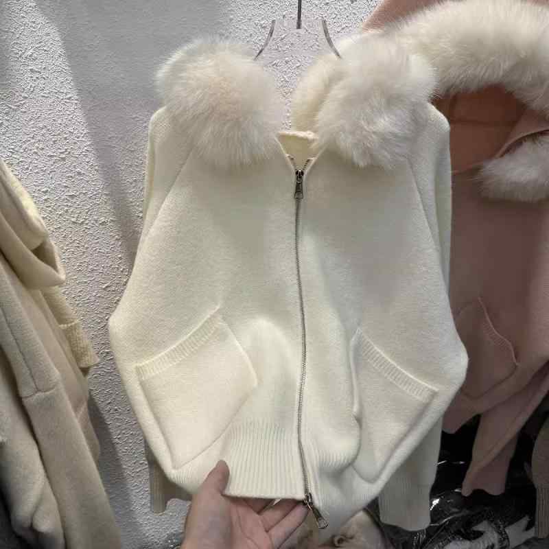 カーディガン 女性用 ニット フード付き ジッパー 大きなファーリード ゆったり リラックススタイル 厚手 暖か 冬用 アウター コート トップス