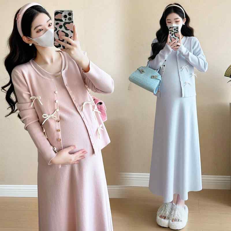 マタニティ ワンピース セット 春物 ニット ストライプ ロングスカート カーディガン 大きめサイズ 妊婦服 ゆったり ファッション スタイル 快適 伸縮性