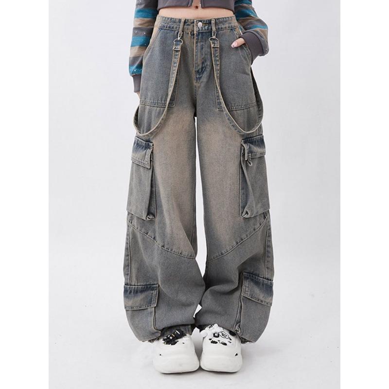レディース デニムパンツ 秋用 ビンテージ加工 カーゴスタイル ストレート ロング丈 マルチポケット デザイン レトロ 欧米 カジュアル 普段使い コットン混 ビビッドカラー ポップ コーデ