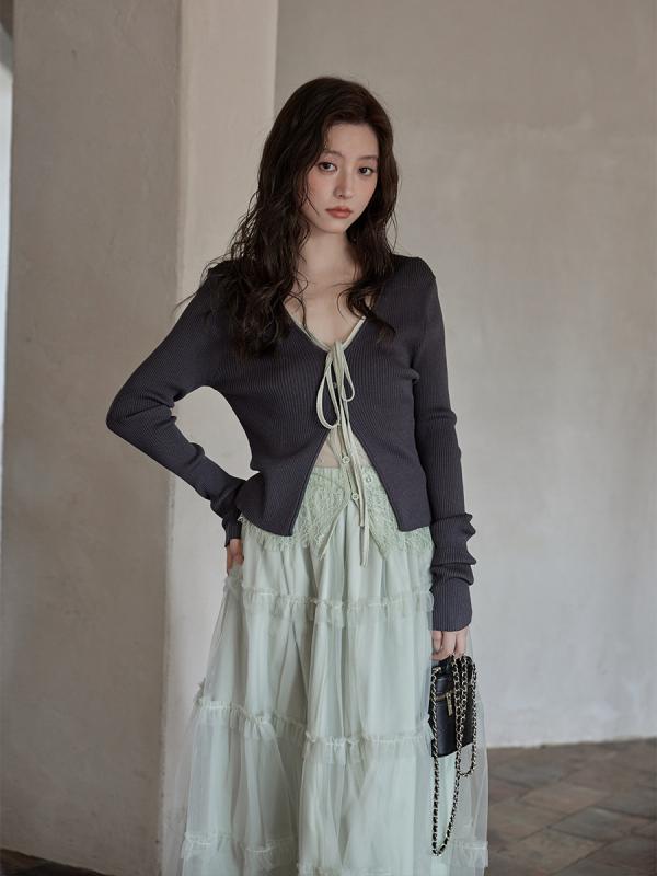 春夏 レディース 編み物 トップス 長袖 薄っぺら フェイクツーピース 韓国 特殊 軽さ 心地好い 伸縮性 生まれ変わり衣料繊維 黒いこと サクラ色系