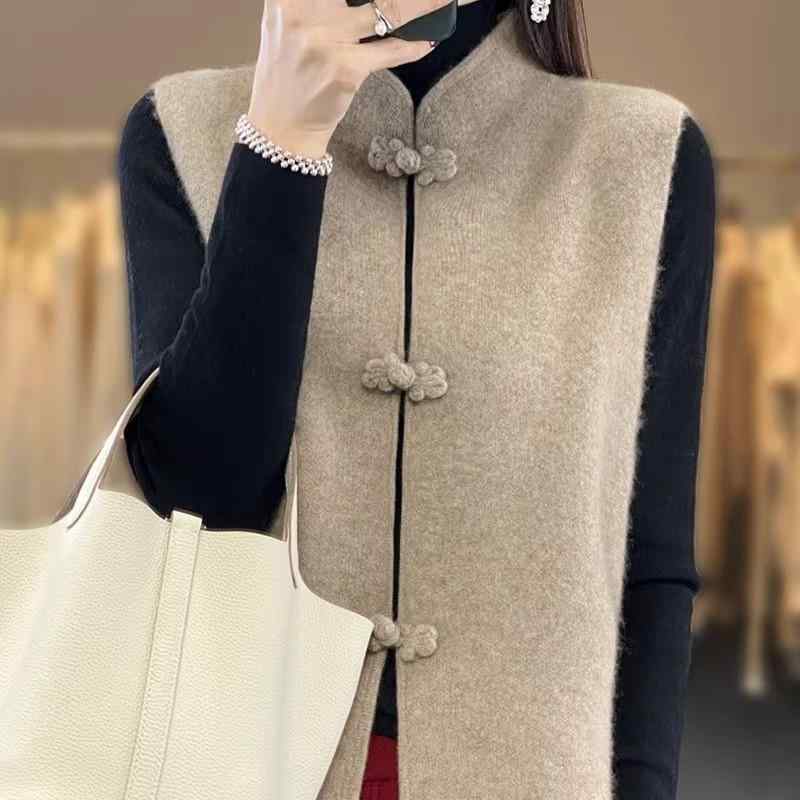 ニット ベスト 中国 デザイン カシミア 素材 盤扣 ボタン 暖か インナー アウター 女性用 普段使い 通勤 軽量 伸縮性